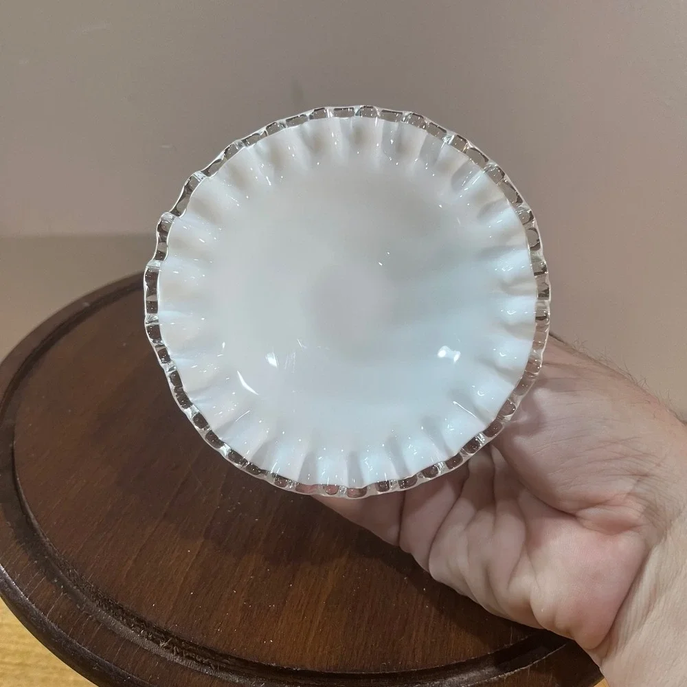 Vtg Fenton Milk Glass Silver Crest Ruffled Edge Candlestick Holder White